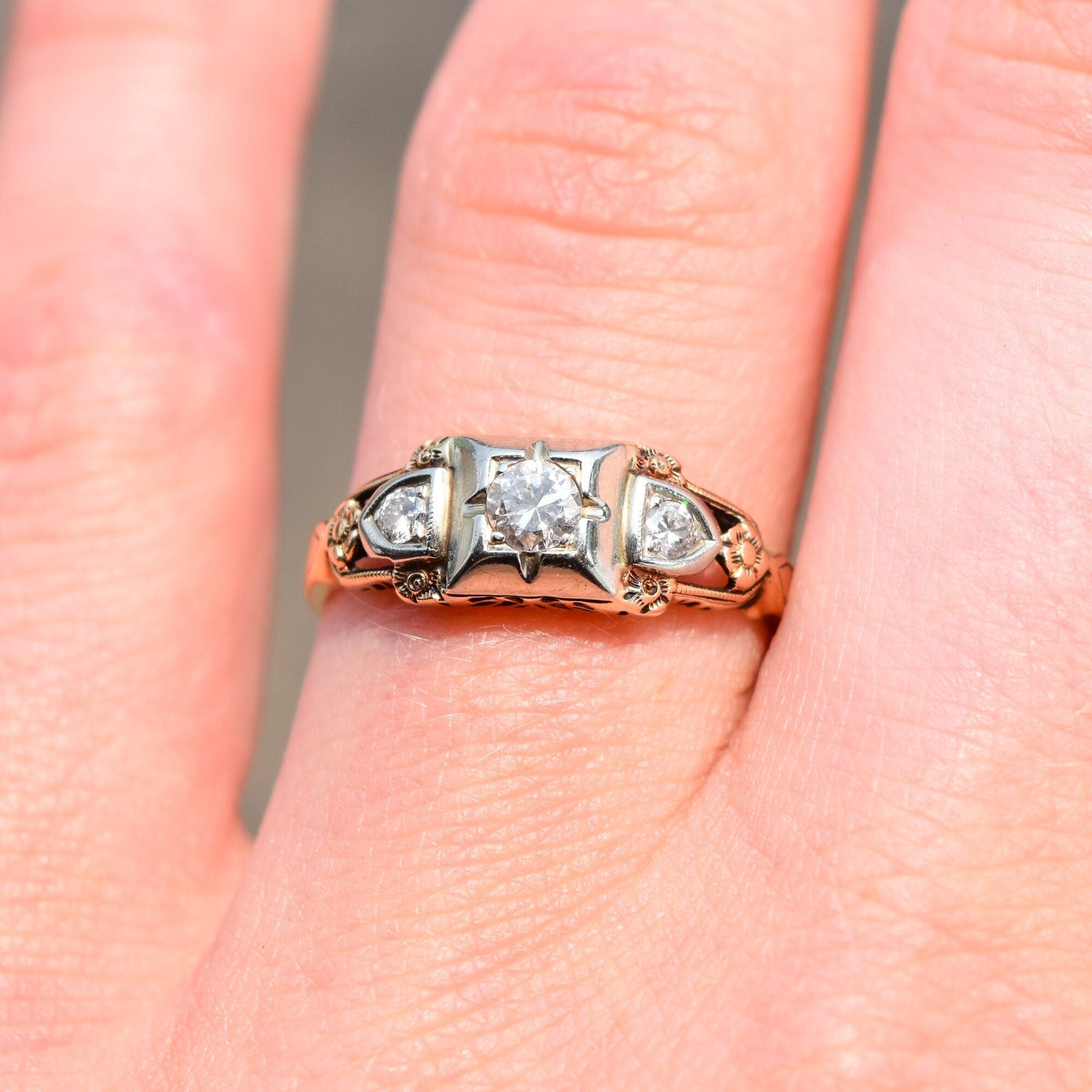 Art Deco 14K Three-Stone Diamond Engagement Ring, Two-Tone Gold Ring, Floral Motifs, Estate Jewelry, 7 1/2 US