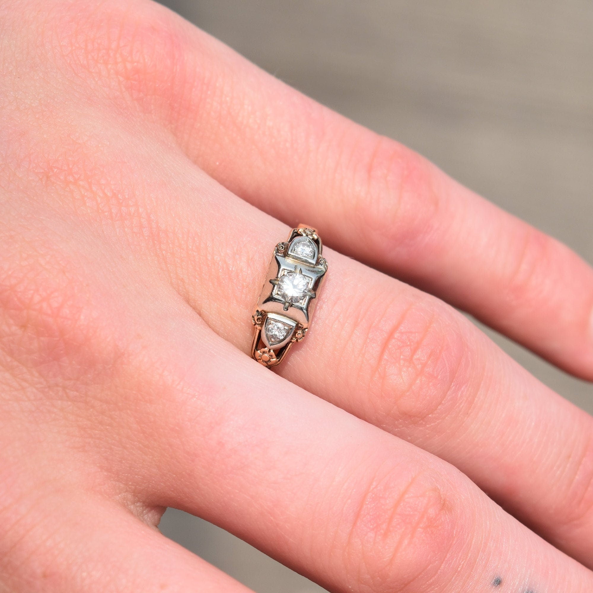 Art Deco 14K Three-Stone Diamond Engagement Ring, Two-Tone Gold Ring, Floral Motifs, Estate Jewelry, 7 1/2 US