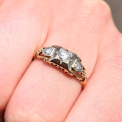 Art Deco 14K Three-Stone Diamond Engagement Ring, Two-Tone Gold Ring, Floral Motifs, Estate Jewelry, 7 1/2 US