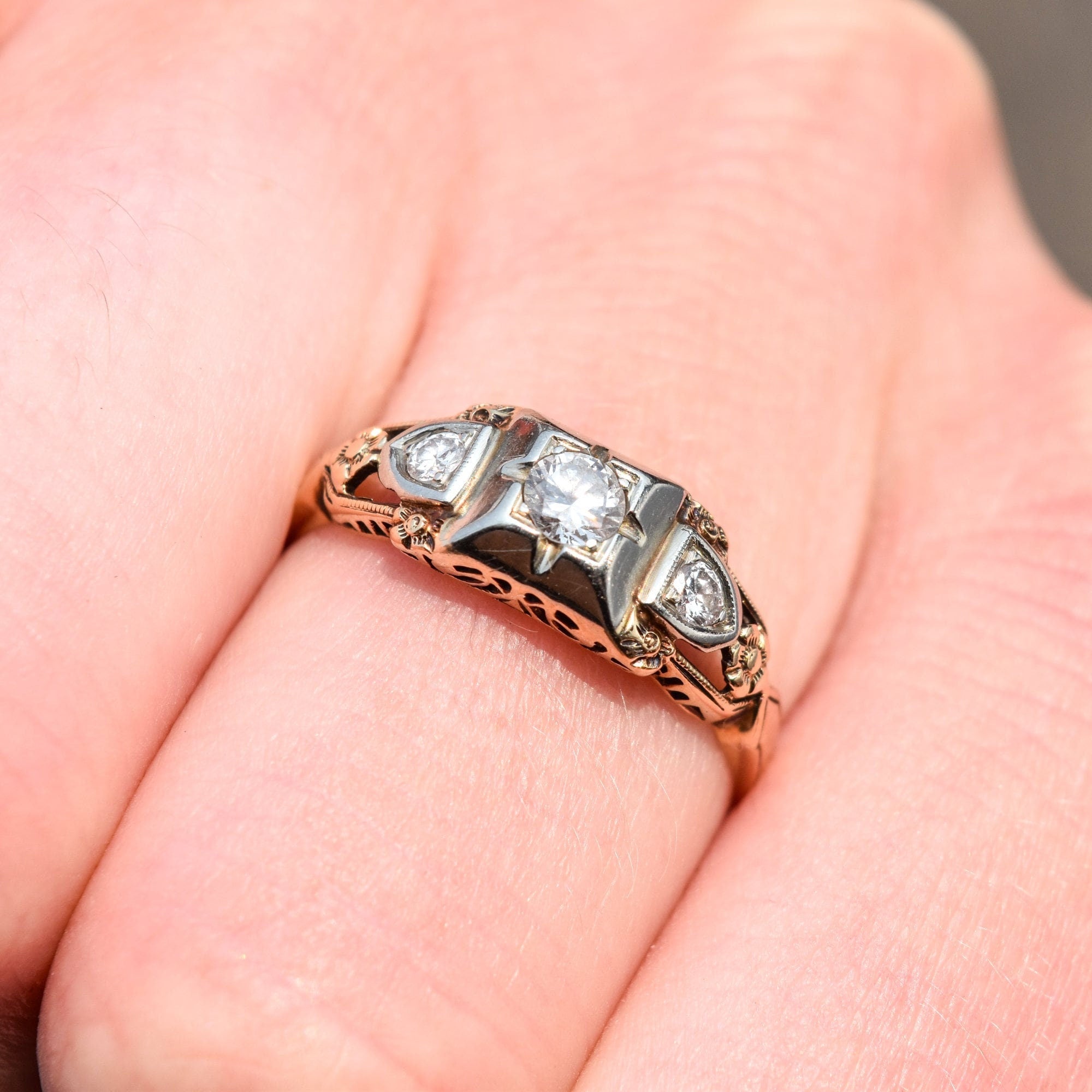 Art Deco 14K Three-Stone Diamond Engagement Ring, Two-Tone Gold Ring, Floral Motifs, Estate Jewelry, 7 1/2 US