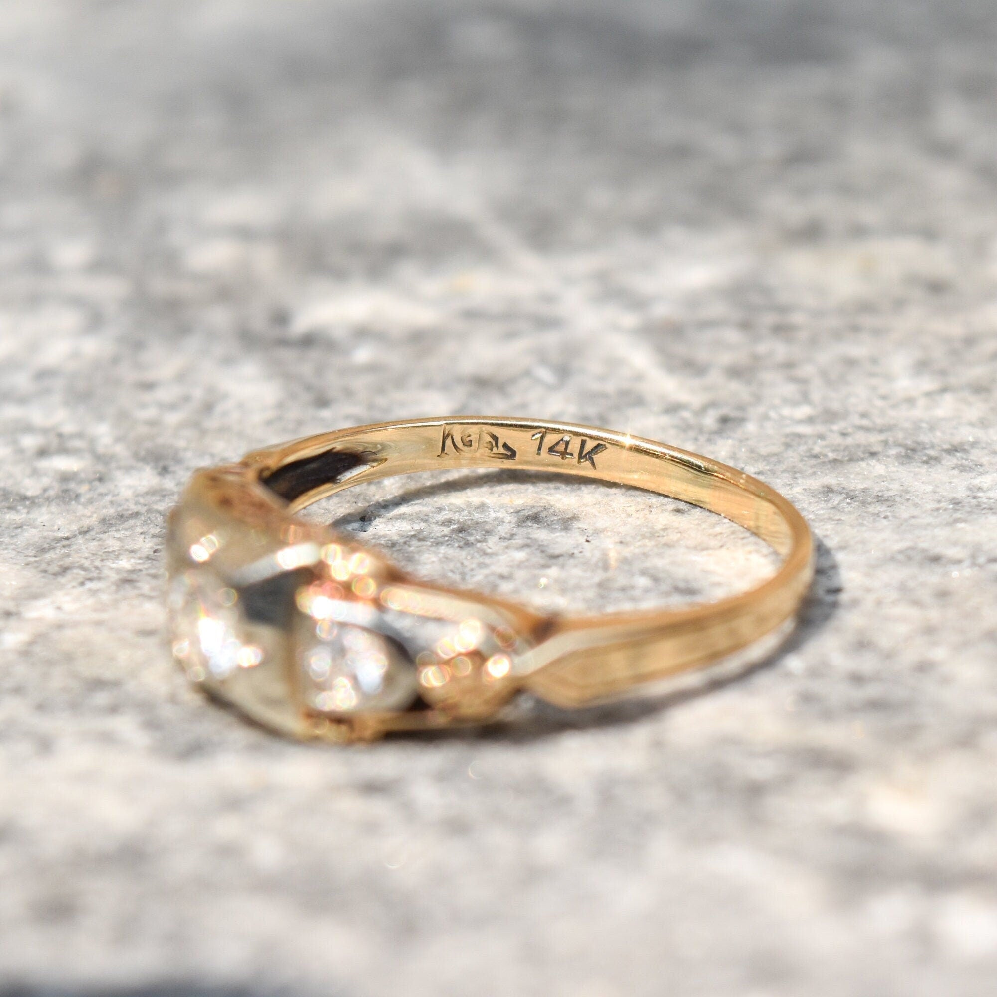 Art Deco 14K Three-Stone Diamond Engagement Ring, Two-Tone Gold Ring, Floral Motifs, Estate Jewelry, 7 1/2 US