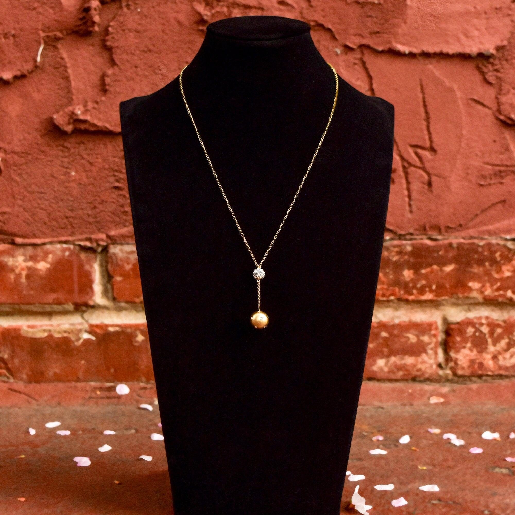 Estate 18K Diamond Ball Drop Lariat Necklace, Diamond Cluster Pendant, Yellow Gold Rolo Chain, 18" L