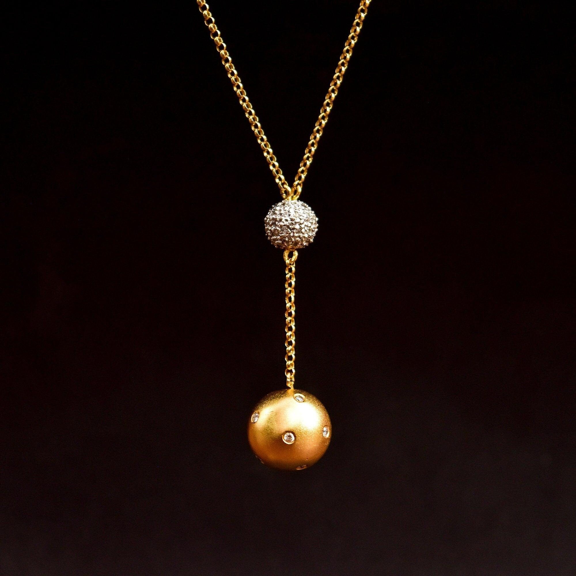Estate 18K Diamond Ball Drop Lariat Necklace, Diamond Cluster Pendant, Yellow Gold Rolo Chain, 18" L