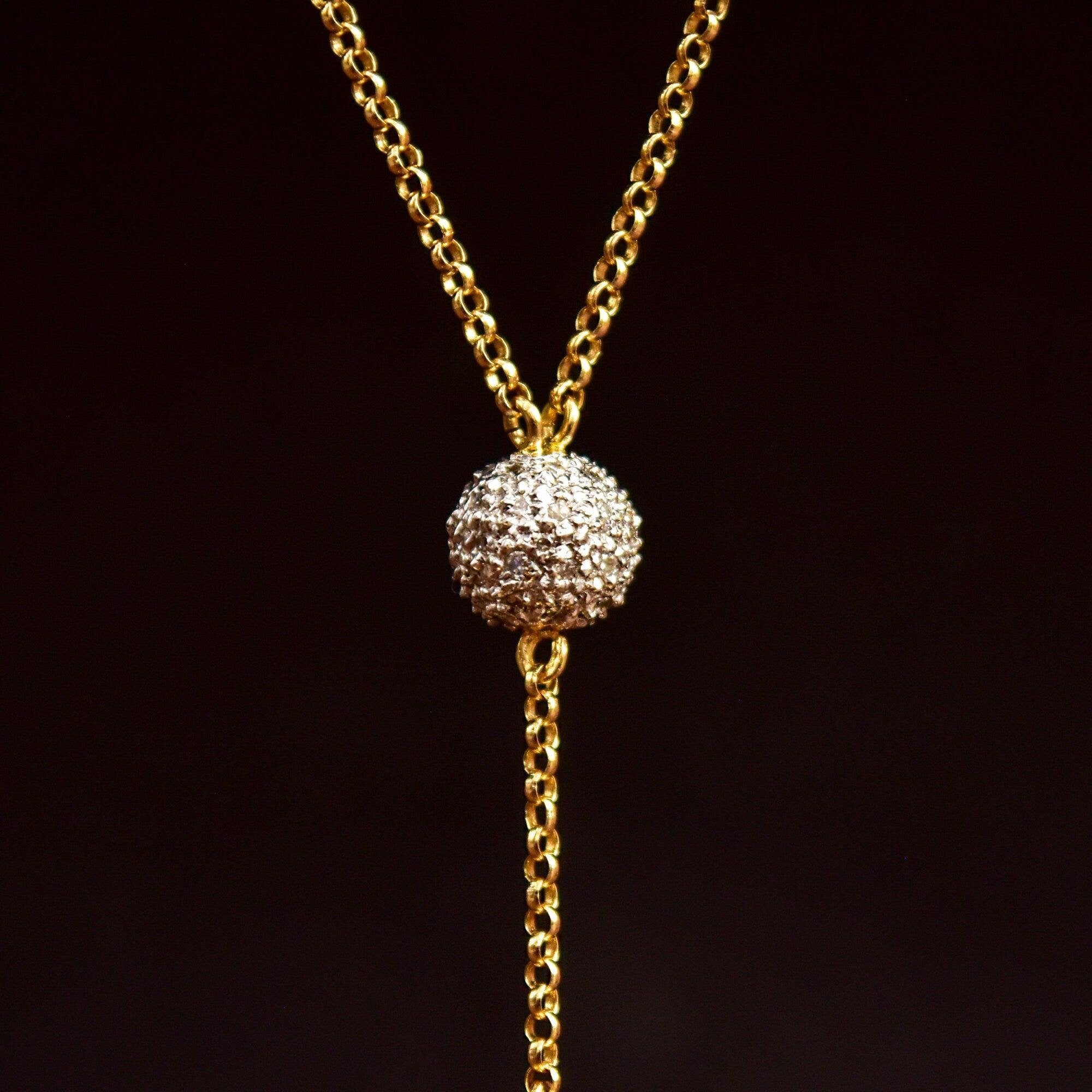 Estate 18K Diamond Ball Drop Lariat Necklace, Diamond Cluster Pendant, Yellow Gold Rolo Chain, 18" L