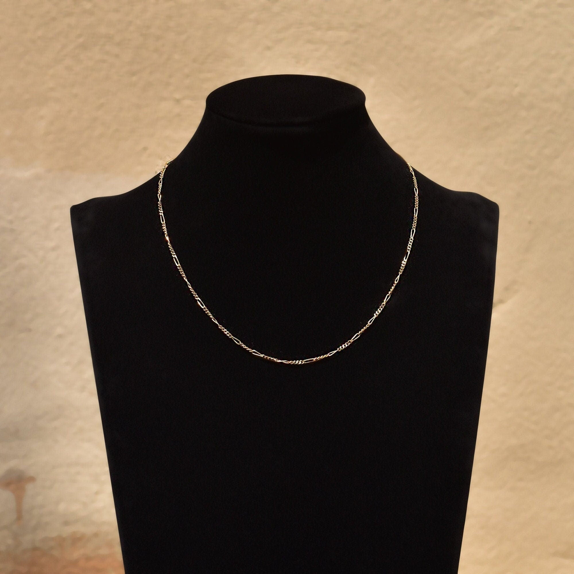 Italian Figaro Chain In 14K Yellow Gold, 2mm Solid Gold Link Necklace, Estate Jewelry, 15 3/4"