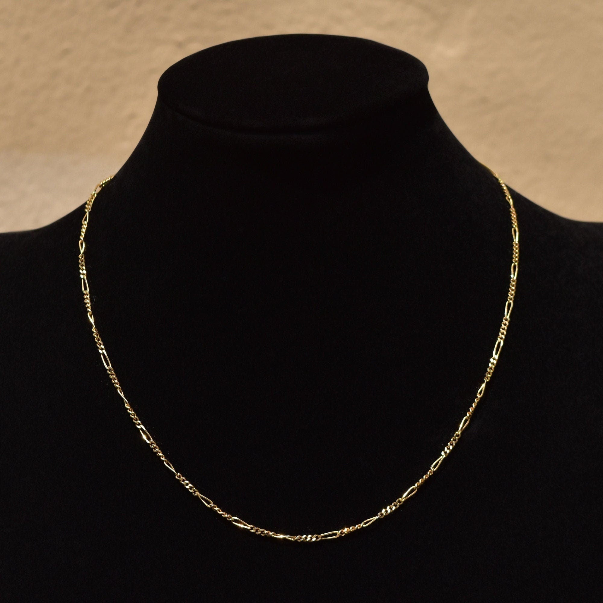 Italian Figaro Chain In 14K Yellow Gold, 2mm Solid Gold Link Necklace, Estate Jewelry, 15 3/4"