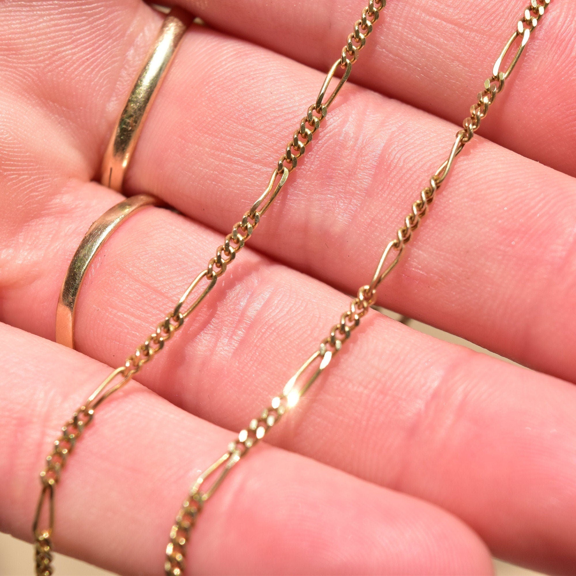 Italian Figaro Chain In 14K Yellow Gold, 2mm Solid Gold Link Necklace, Estate Jewelry, 15 3/4"