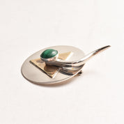 Signed Modernist Sterling Silver Malachite Brooch Pin, Abstract Two-Tone Circle Brooch, 38mm