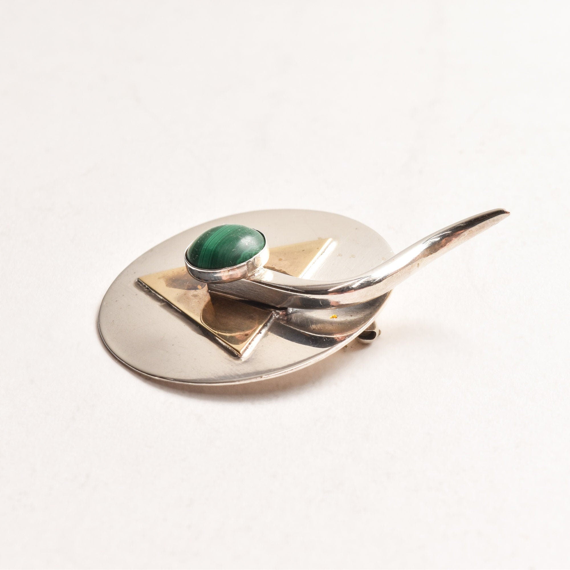 Signed Modernist Sterling Silver Malachite Brooch Pin, Abstract Two-Tone Circle Brooch, 38mm