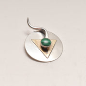 Signed Modernist Sterling Silver Malachite Brooch Pin, Abstract Two-Tone Circle Brooch, 38mm