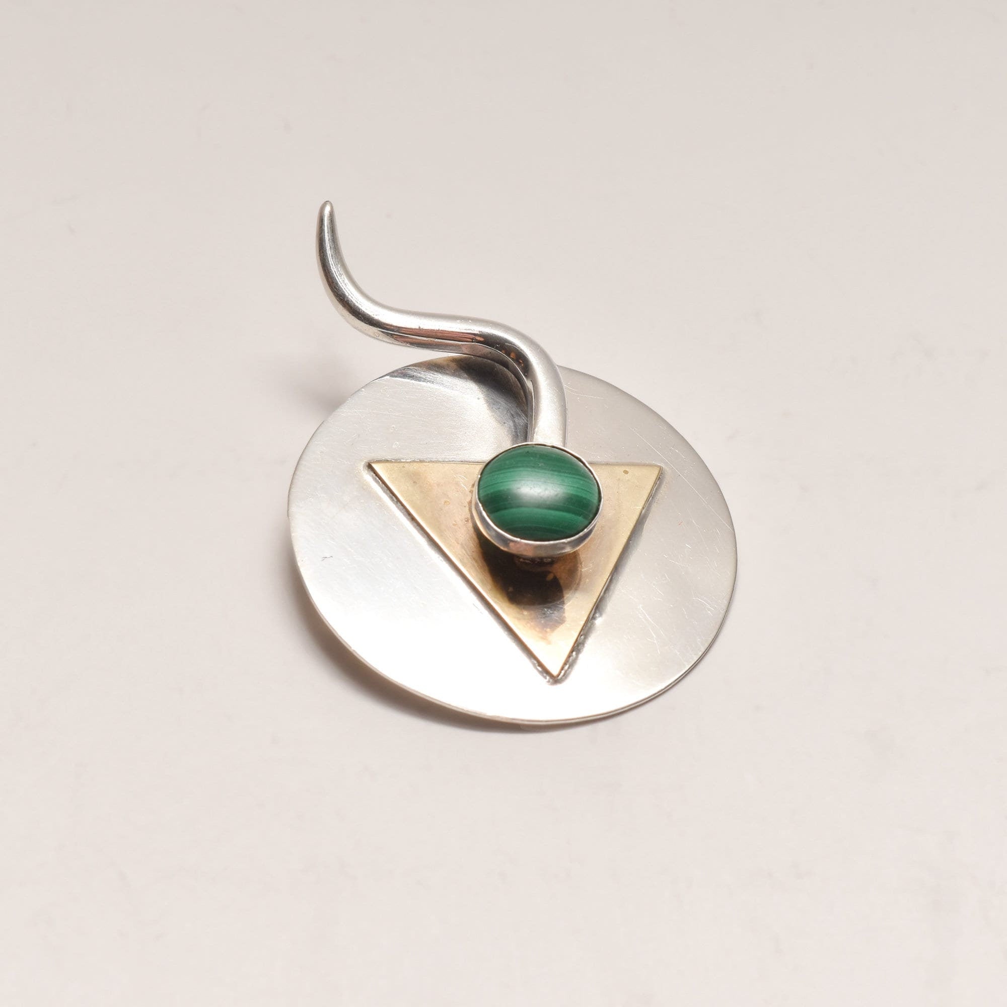 Signed Modernist Sterling Silver Malachite Brooch Pin, Abstract Two-Tone Circle Brooch, 38mm