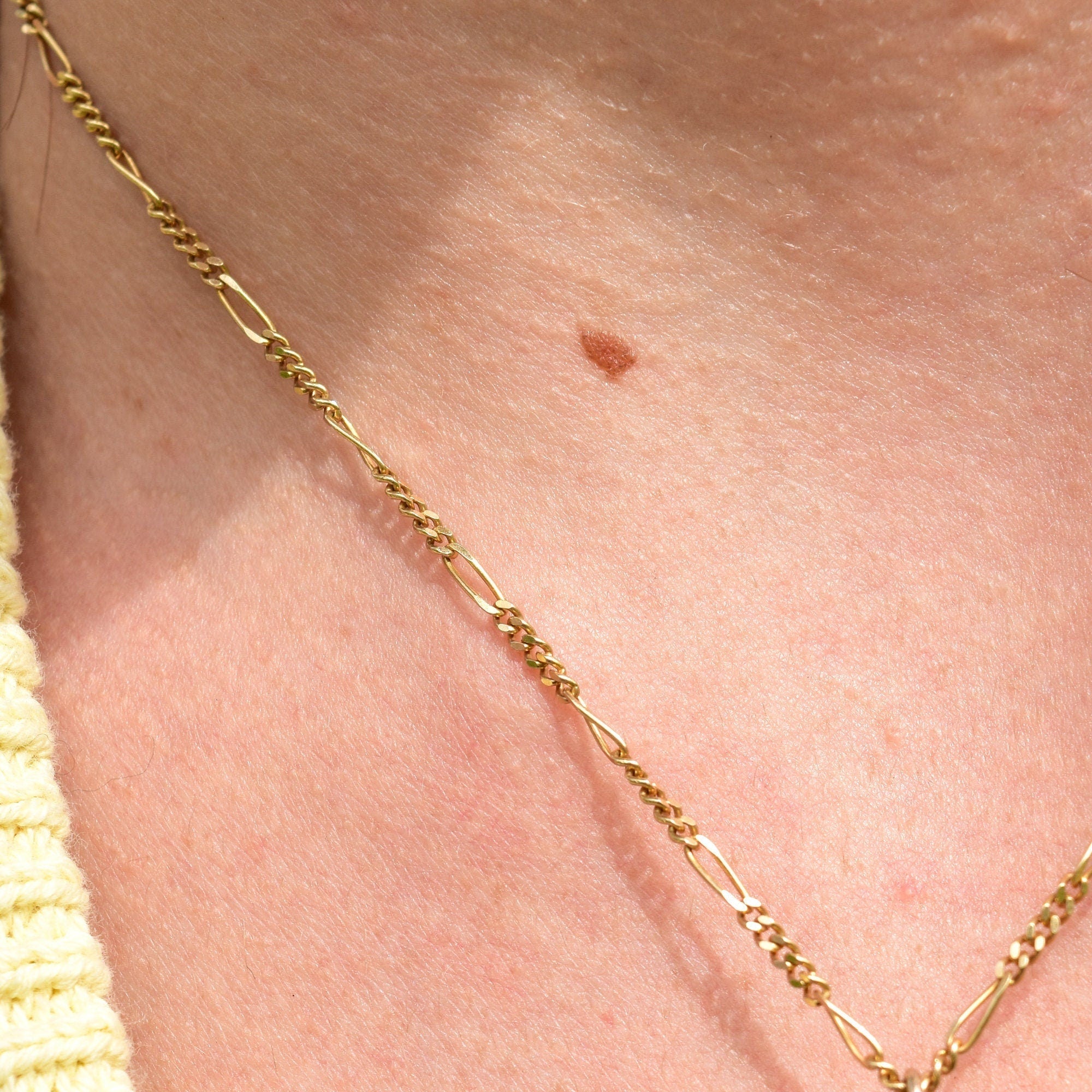 Italian Figaro Chain In 14K Yellow Gold, 2mm Solid Gold Link Necklace, Estate Jewelry, 15 3/4"