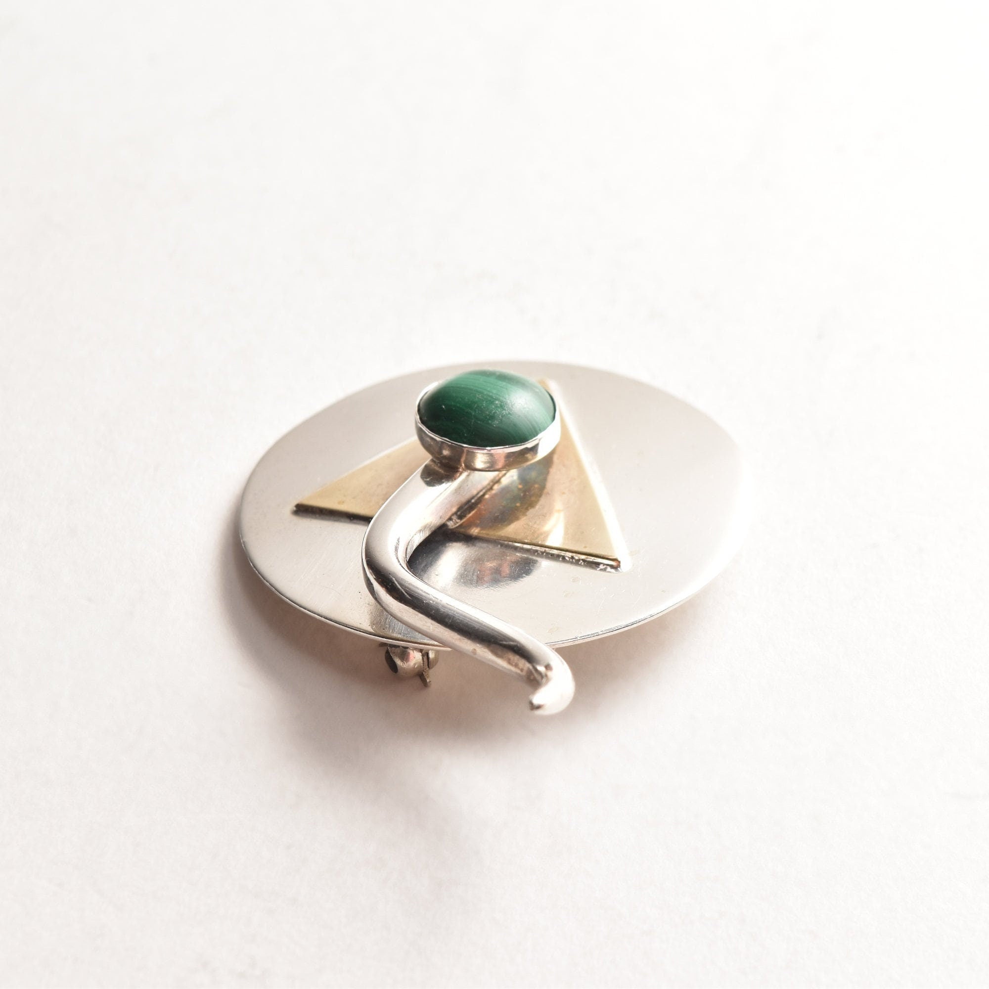 Signed Modernist Sterling Silver Malachite Brooch Pin, Abstract Two-Tone Circle Brooch, 38mm