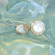 Sterling Silver Mother Of Pearl Button Studs, Iridescent Cabochon, Omega Back Earrings, 3/4"