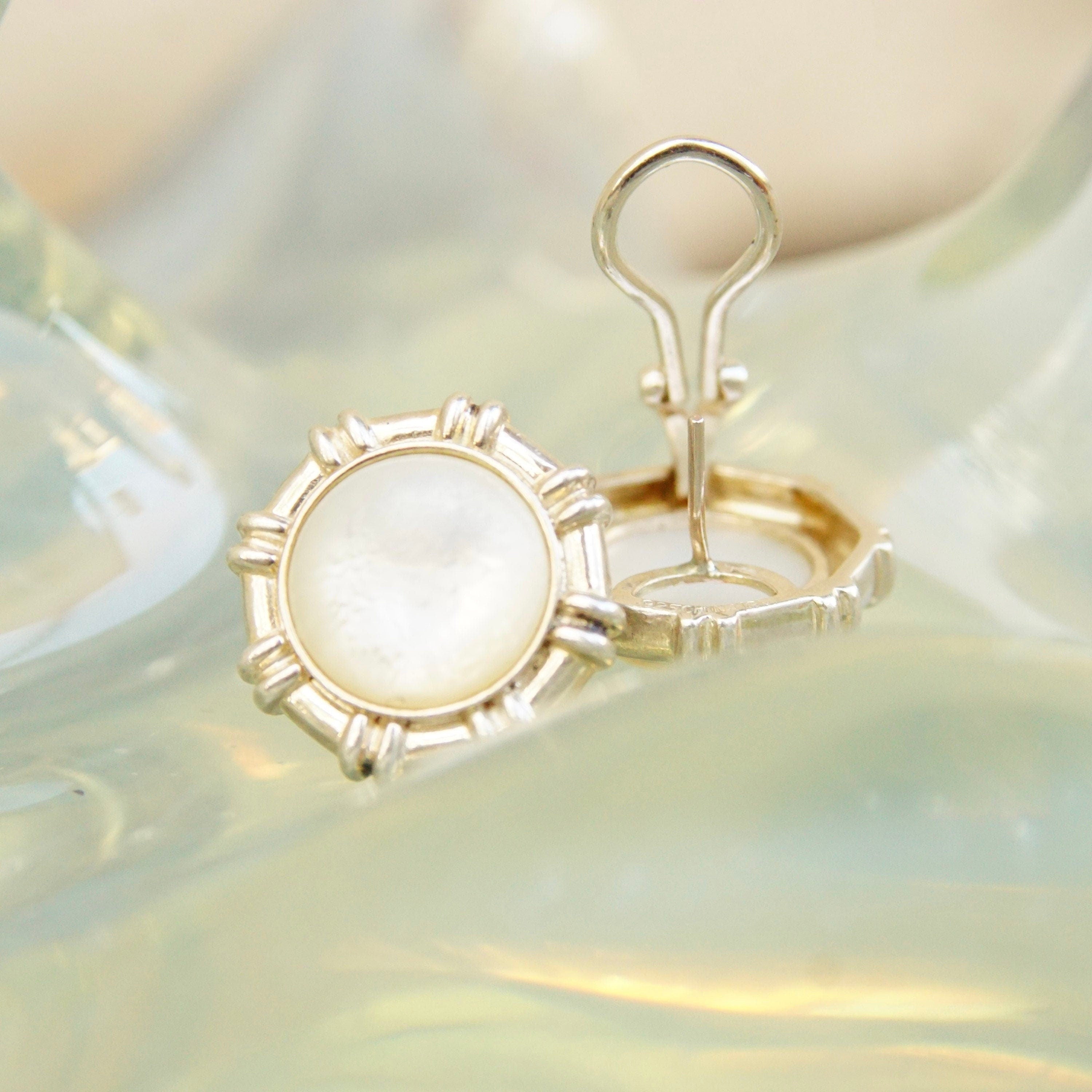 Sterling Silver Mother Of Pearl Button Studs, Iridescent Cabochon, Omega Back Earrings, 3/4"