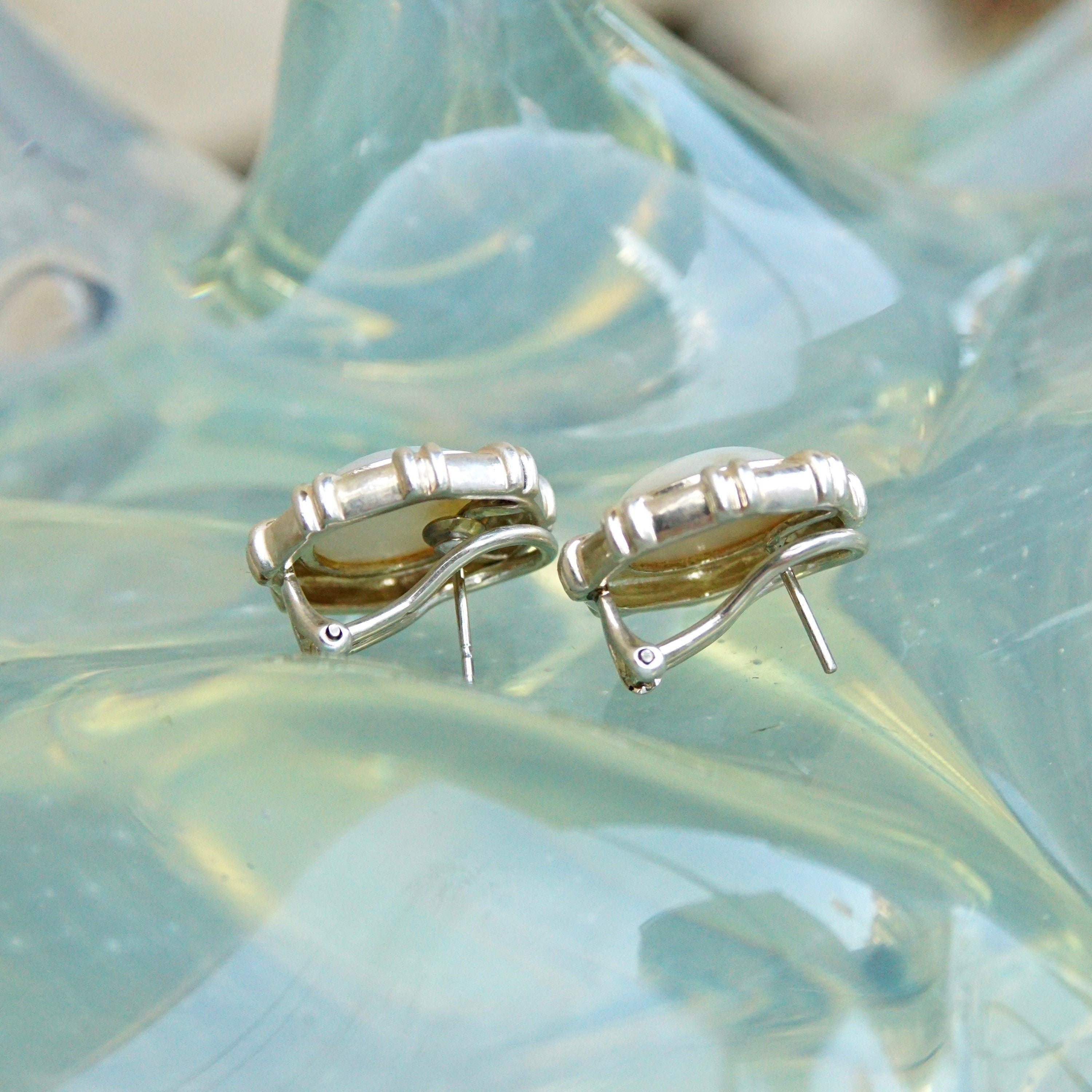 Sterling Silver Mother Of Pearl Button Studs, Iridescent Cabochon, Omega Back Earrings, 3/4"