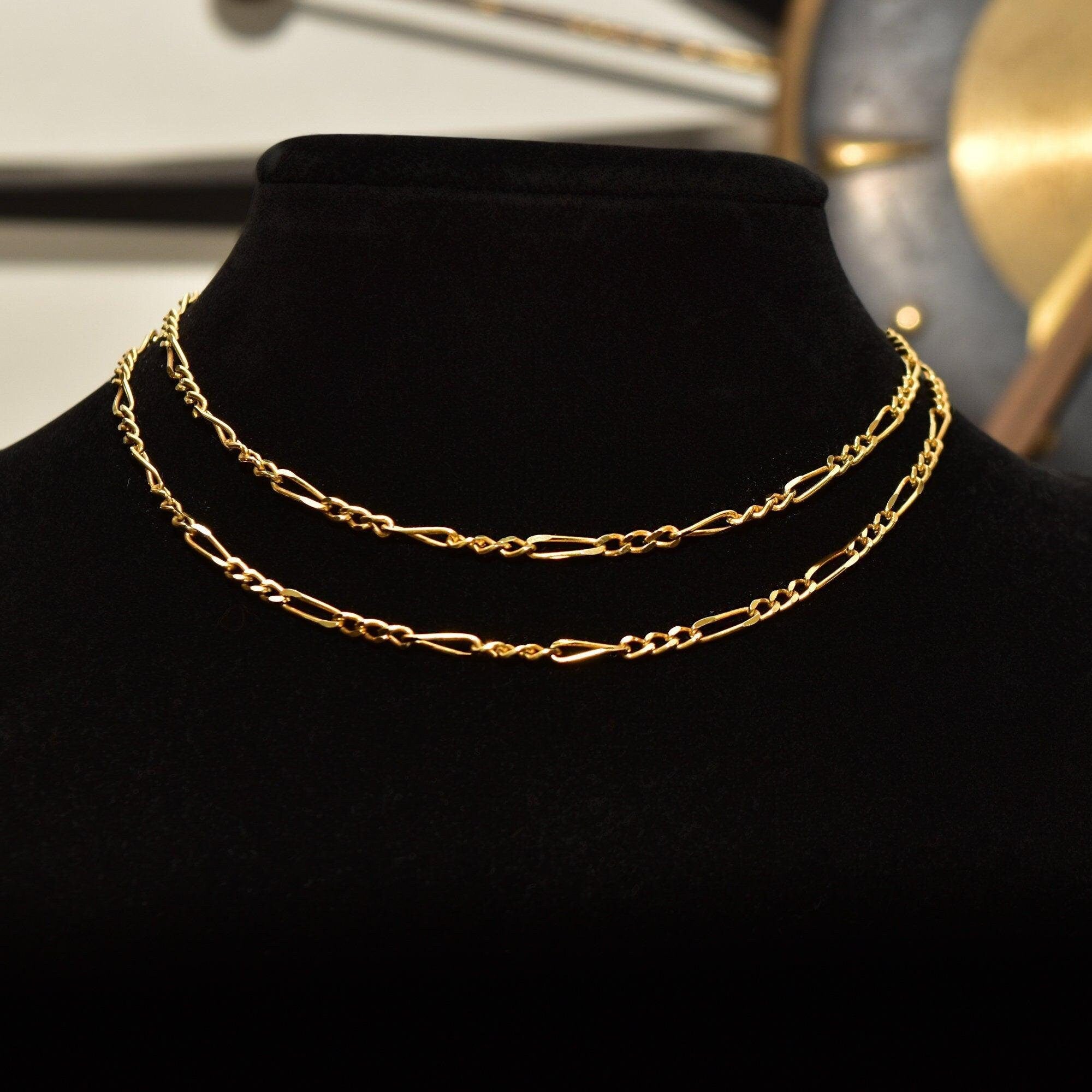 Solid 18K Yellow Gold Figaro Chain, 3mm Alternating Links, Unisex Gold Chain, Estate Jewelry, 23 3/4" L