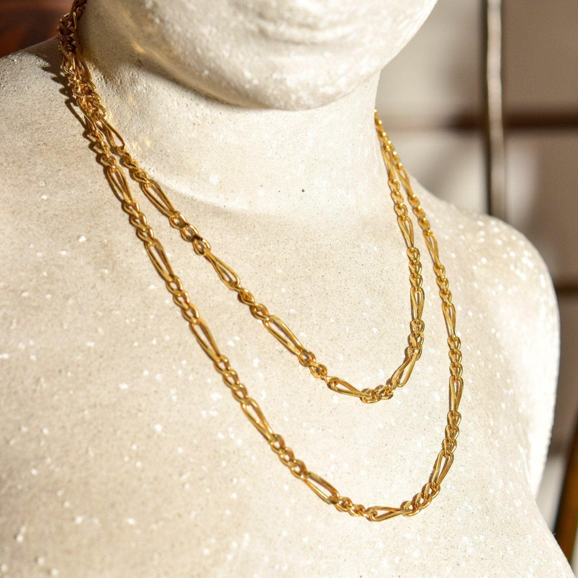 Solid 18K Yellow Gold Figaro Chain, 3mm Alternating Links, Unisex Gold Chain, Estate Jewelry, 23 3/4" L