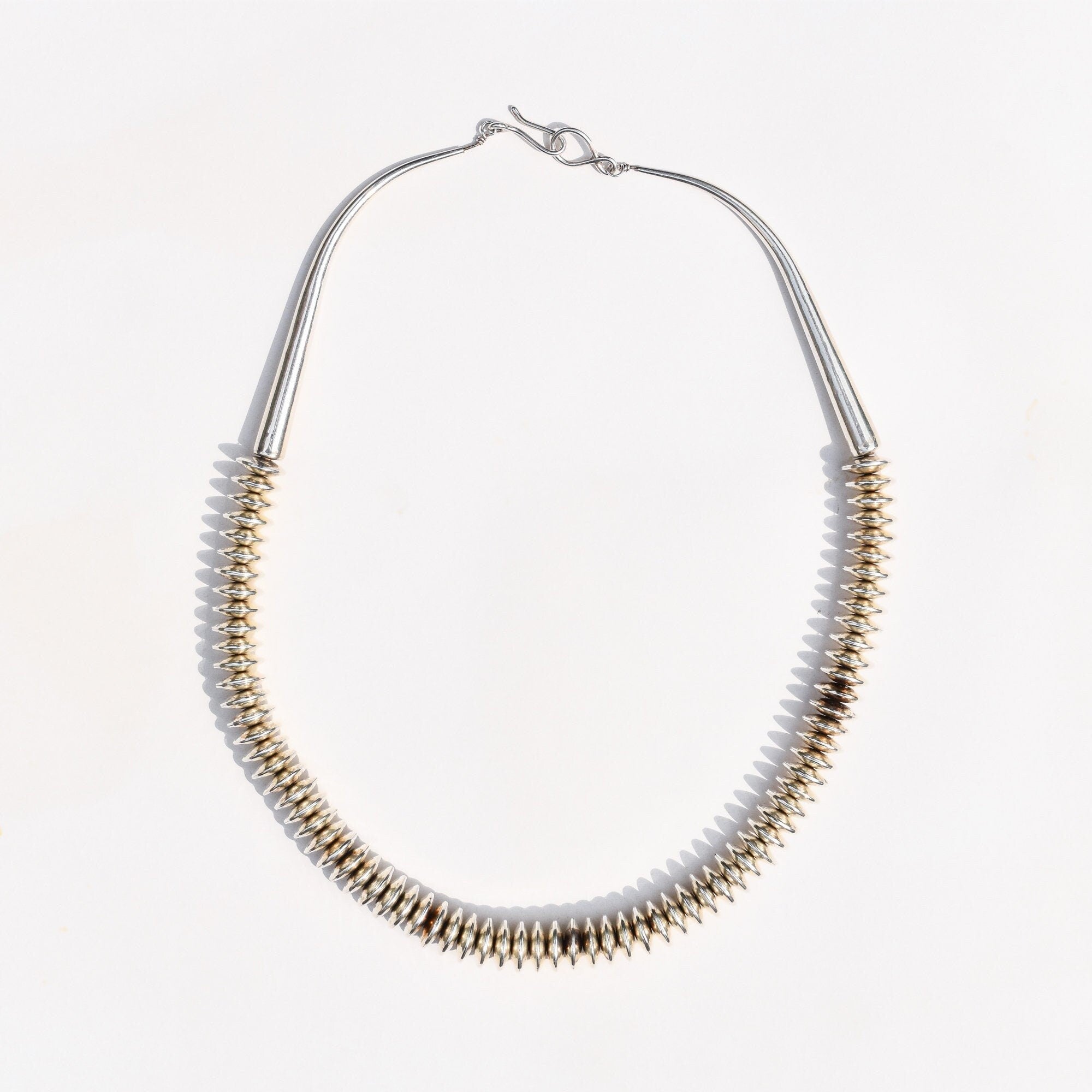 Modernist Heavy Sterling Silver Navajo Pearl Necklace, Saucer-Beads, Native American Jewelry, 23 3/4" L