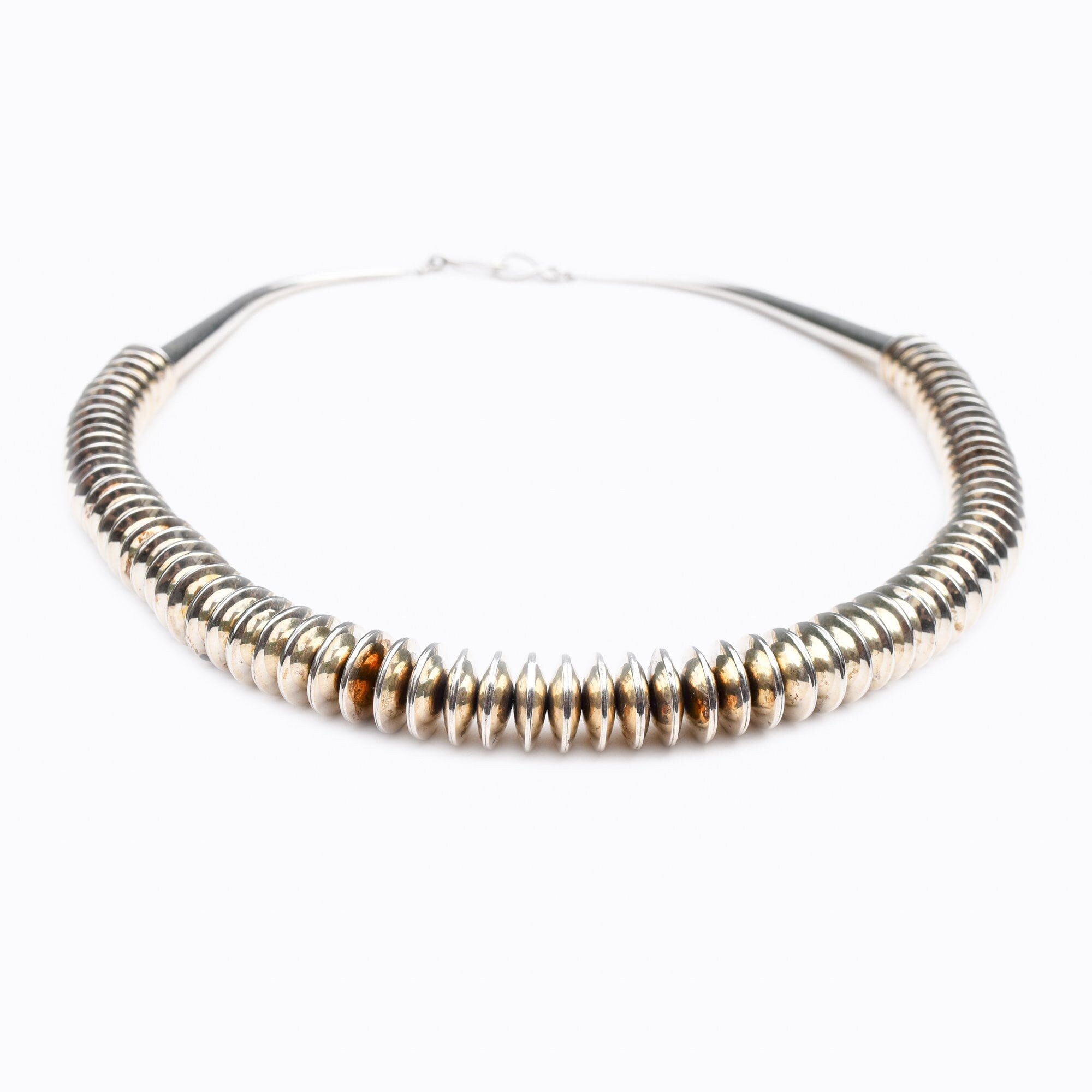 Modernist Heavy Sterling Silver Navajo Pearl Necklace, Saucer-Beads, Native American Jewelry, 23 3/4" L