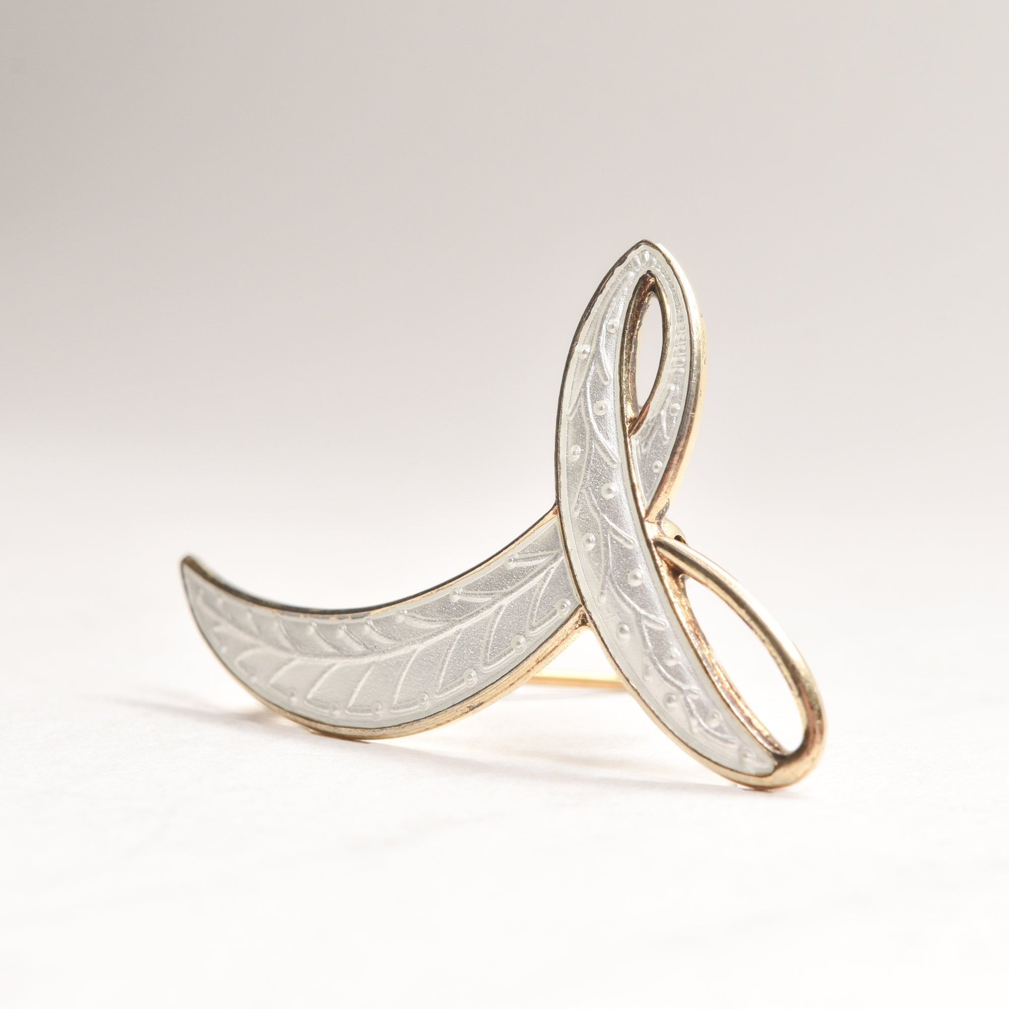 Signed Aksel Holmsen Norway Sterling Gilt White Enamel Guilloche Brooch, Modernist Abstract Design, 44mm
