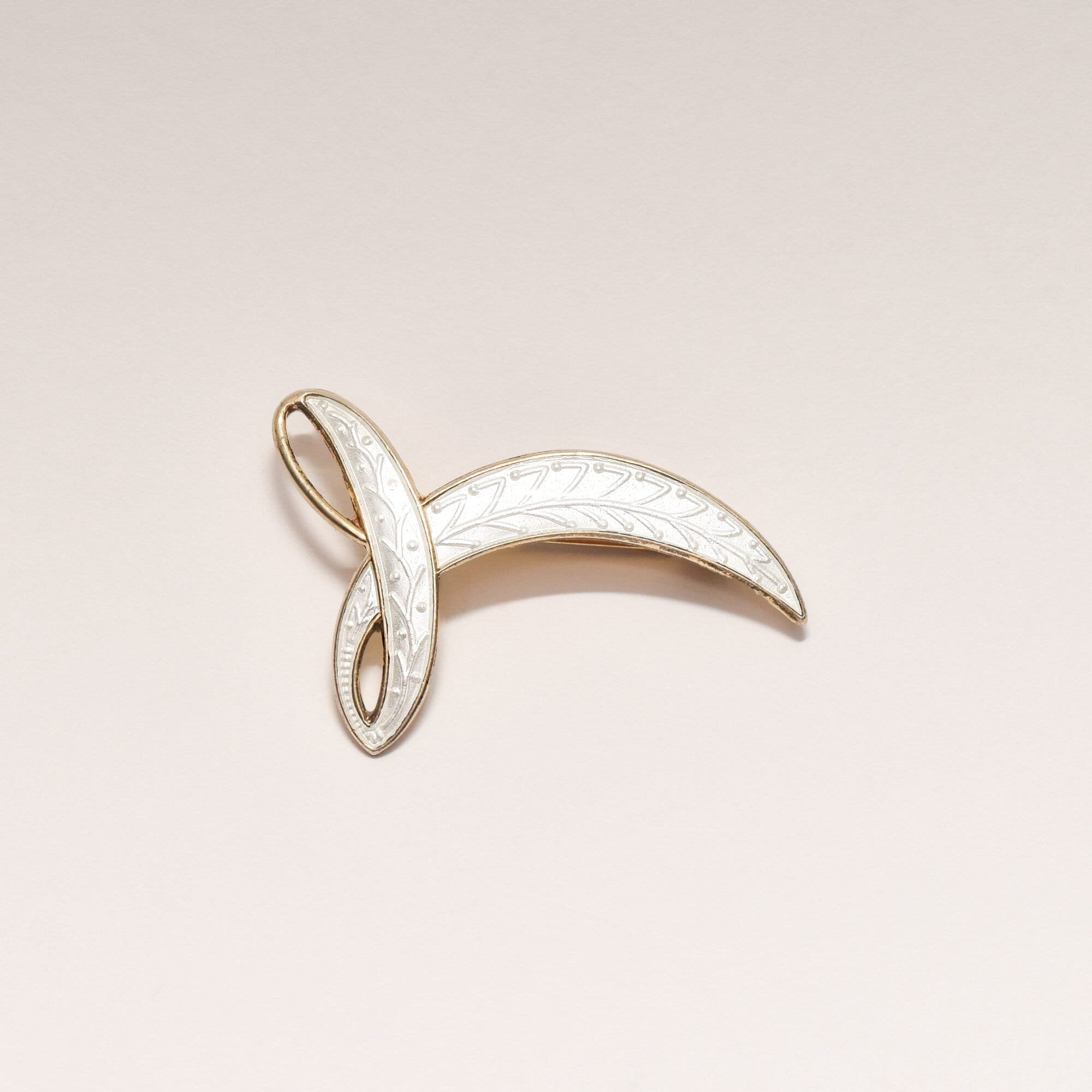 Signed Aksel Holmsen Norway Sterling Gilt White Enamel Guilloche Brooch, Modernist Abstract Design, 44mm