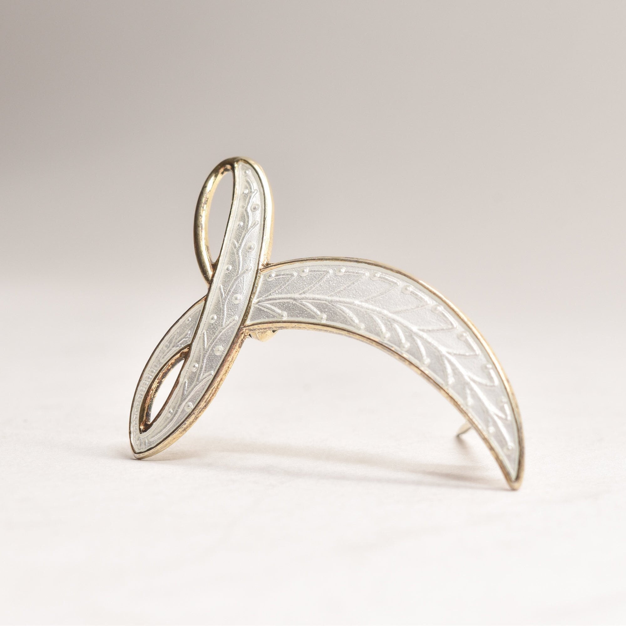 Signed Aksel Holmsen Norway Sterling Gilt White Enamel Guilloche Brooch, Modernist Abstract Design, 44mm