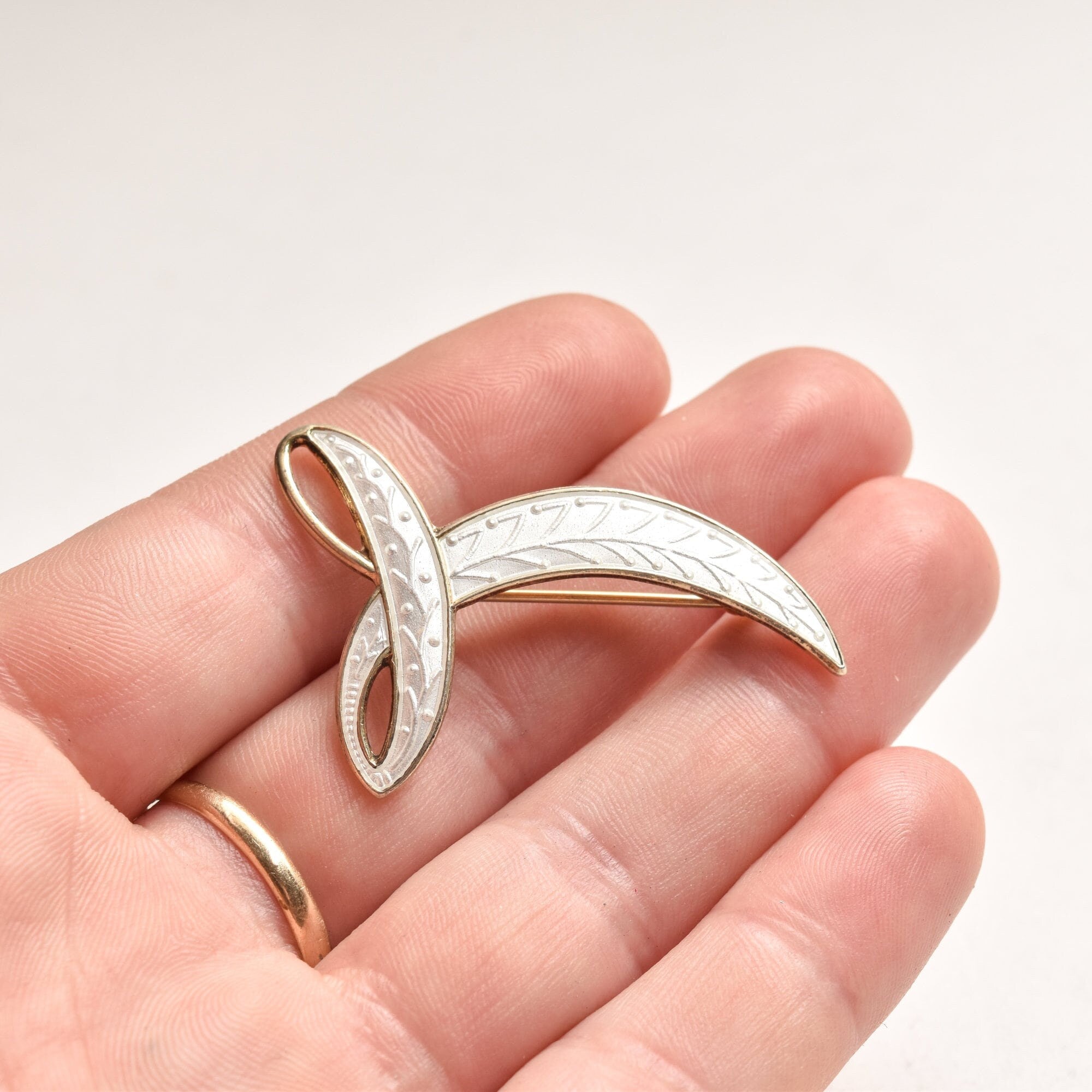 Signed Aksel Holmsen Norway Sterling Gilt White Enamel Guilloche Brooch, Modernist Abstract Design, 44mm
