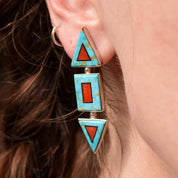Modernist Turquoise Coral Stud Earrings, Beautiful Stone Inlay, BGM Sterling, New Mexico Jewelry, 2" L