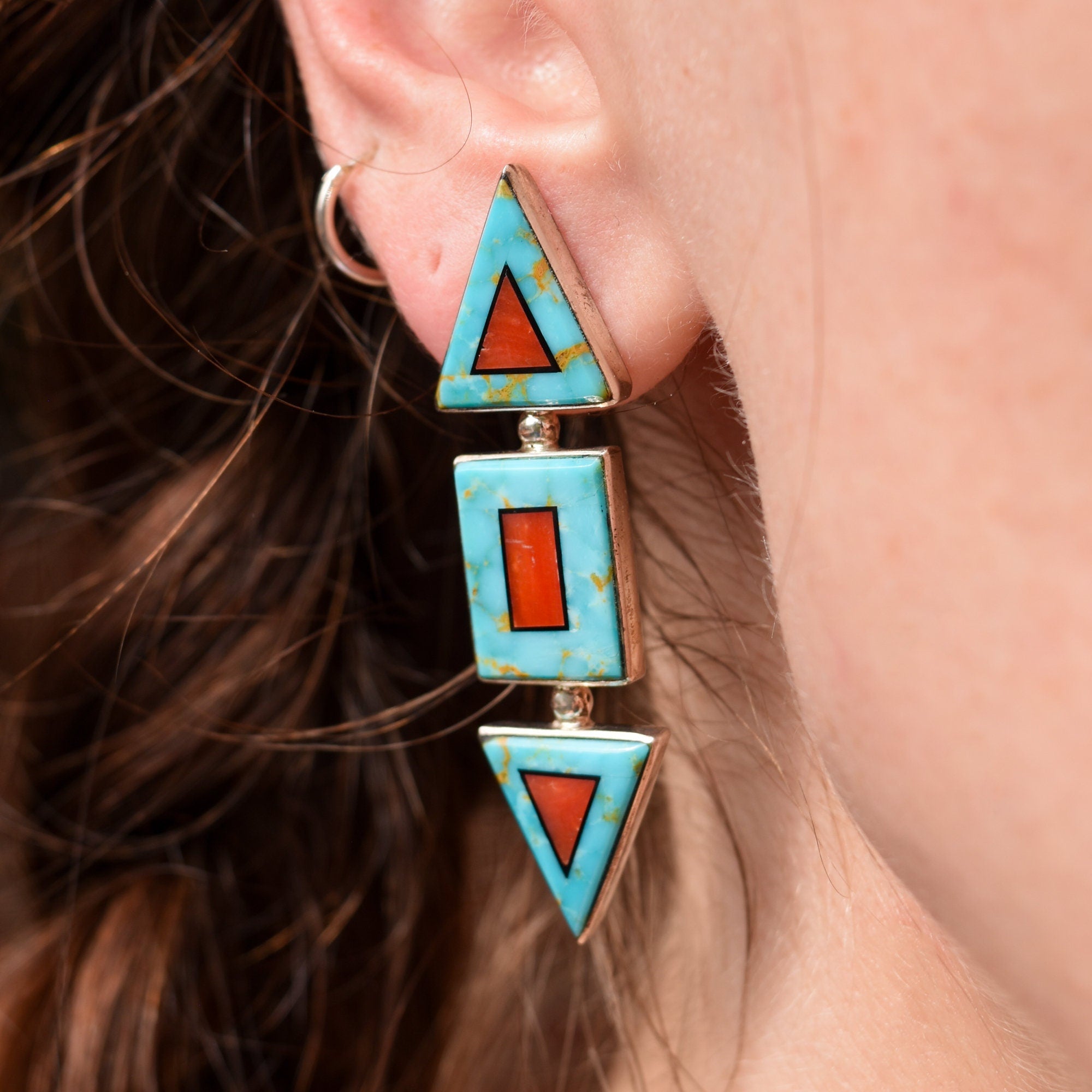 Modernist Turquoise Coral Stud Earrings, Beautiful Stone Inlay, BGM Sterling, New Mexico Jewelry, 2" L