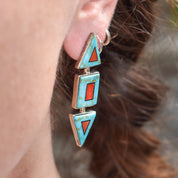 Modernist Turquoise Coral Stud Earrings, Beautiful Stone Inlay, BGM Sterling, New Mexico Jewelry, 2" L