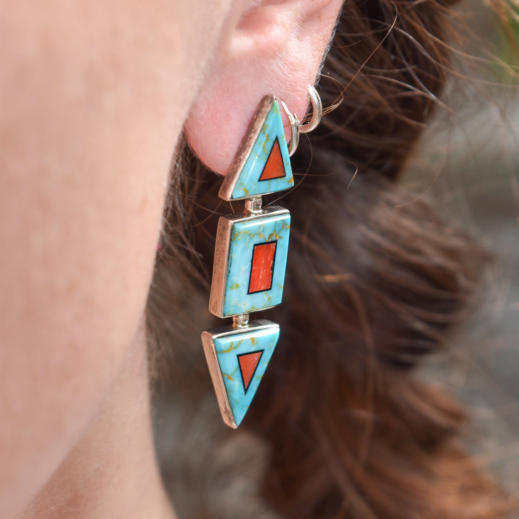 Modernist Turquoise Coral Stud Earrings, Beautiful Stone Inlay, BGM Sterling, New Mexico Jewelry, 2" L
