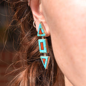 Modernist Turquoise Coral Stud Earrings, Beautiful Stone Inlay, BGM Sterling, New Mexico Jewelry, 2" L