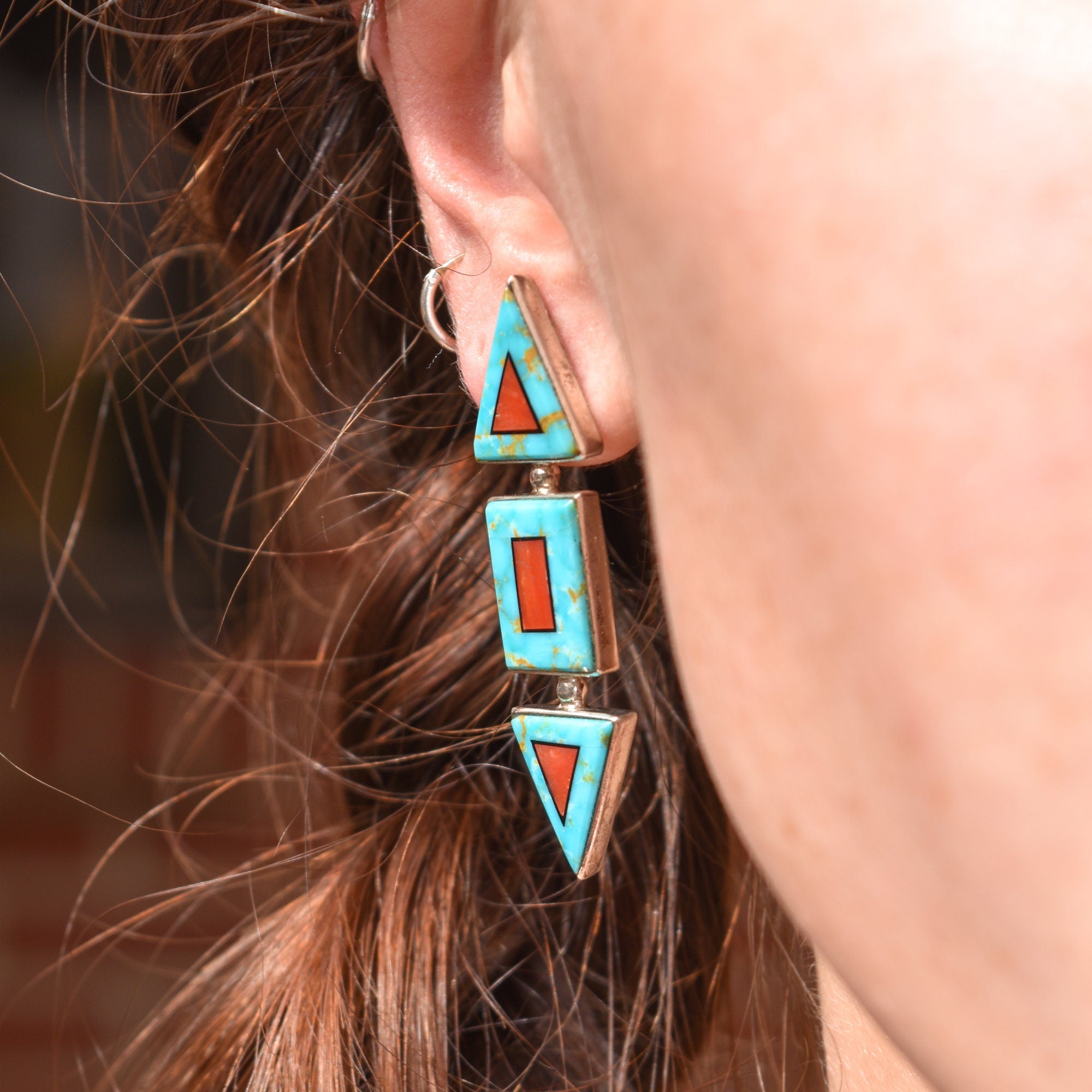 Modernist Turquoise Coral Stud Earrings, Beautiful Stone Inlay, BGM Sterling, New Mexico Jewelry, 2" L