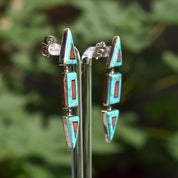 Modernist Turquoise Coral Stud Earrings, Beautiful Stone Inlay, BGM Sterling, New Mexico Jewelry, 2" L