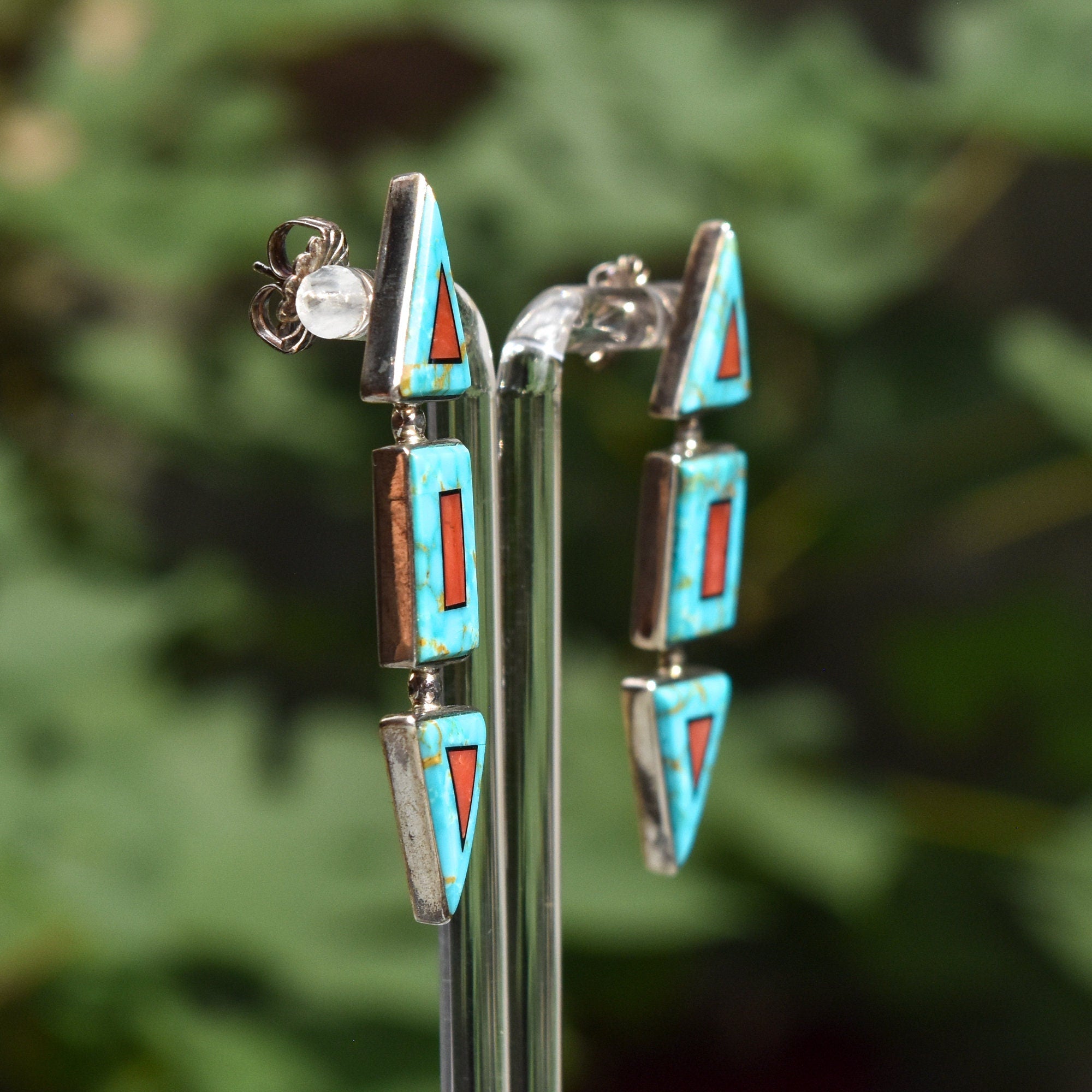 Modernist Turquoise Coral Stud Earrings, Beautiful Stone Inlay, BGM Sterling, New Mexico Jewelry, 2" L