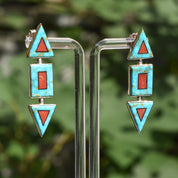 Modernist Turquoise Coral Stud Earrings, Beautiful Stone Inlay, BGM Sterling, New Mexico Jewelry, 2" L