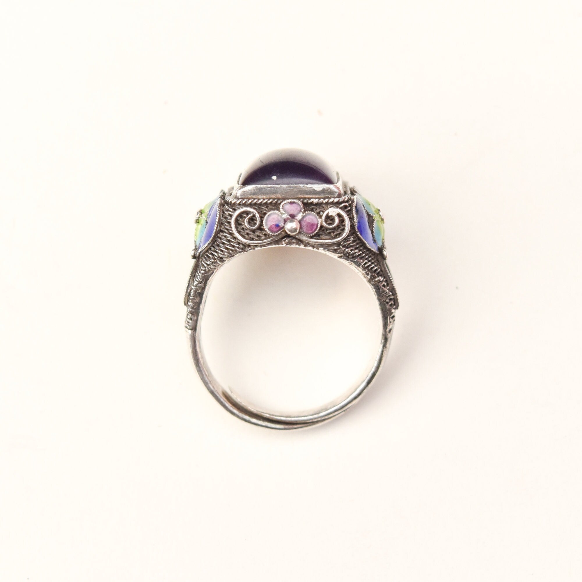 Chinese Silver Filigree Enamel Amethyst Ring, Beautiful Floral Motifs, Estate Jewelry, Size 7-10 US