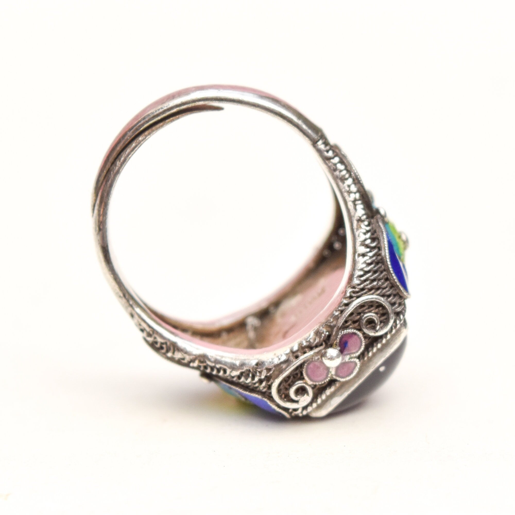 Chinese Silver Filigree Enamel Amethyst Ring, Beautiful Floral Motifs, Estate Jewelry, Size 7-10 US