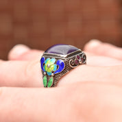 Chinese Silver Filigree Enamel Amethyst Ring, Beautiful Floral Motifs, Estate Jewelry, Size 7-10 US