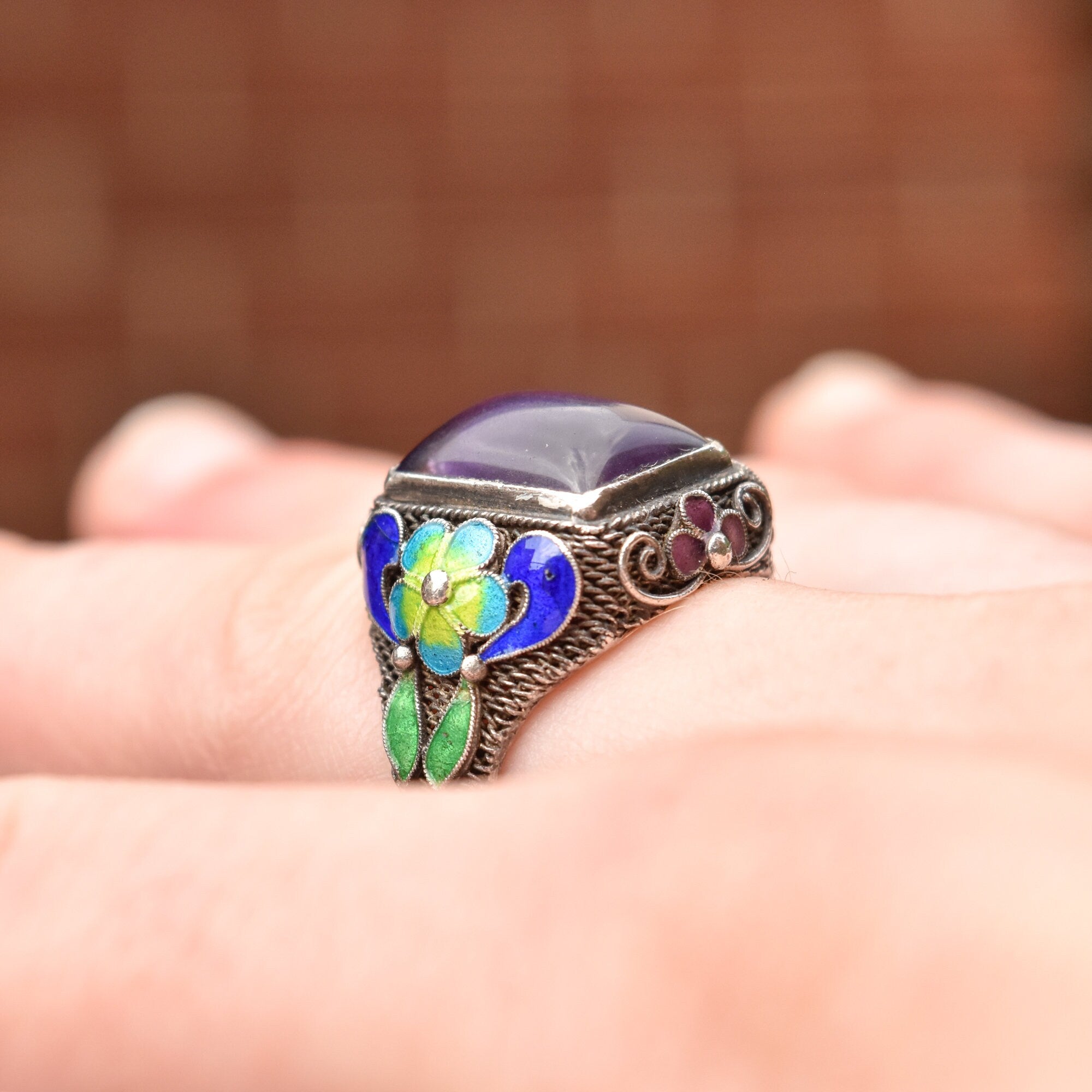Chinese Silver Filigree Enamel Amethyst Ring, Beautiful Floral Motifs, Estate Jewelry, Size 7-10 US