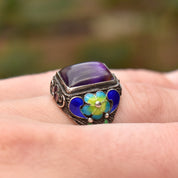 Chinese Silver Filigree Enamel Amethyst Ring, Beautiful Floral Motifs, Estate Jewelry, Size 7-10 US