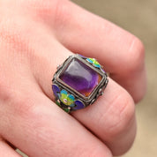 Chinese Silver Filigree Enamel Amethyst Ring, Beautiful Floral Motifs, Estate Jewelry, Size 7-10 US