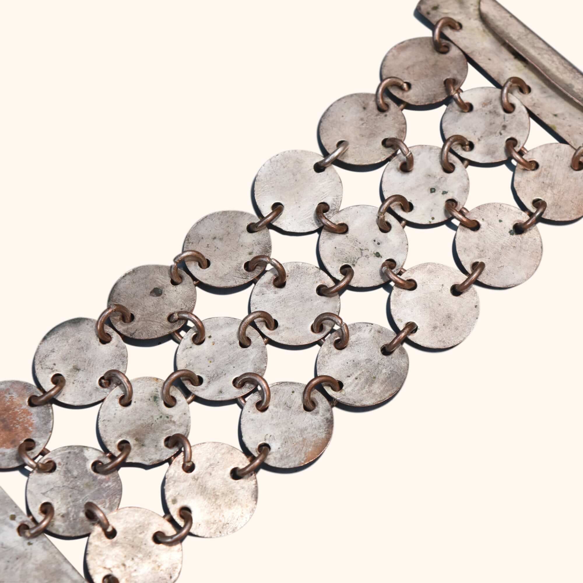 Handmade Mixed Metal Hammered Disc Bracelet, Wide 3-Row Chainmail Cuff, Bohemian Jewelry, 7" L