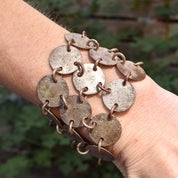Handmade Mixed Metal Hammered Disc Bracelet, Wide 3-Row Chainmail Cuff, Bohemian Jewelry, 7" L