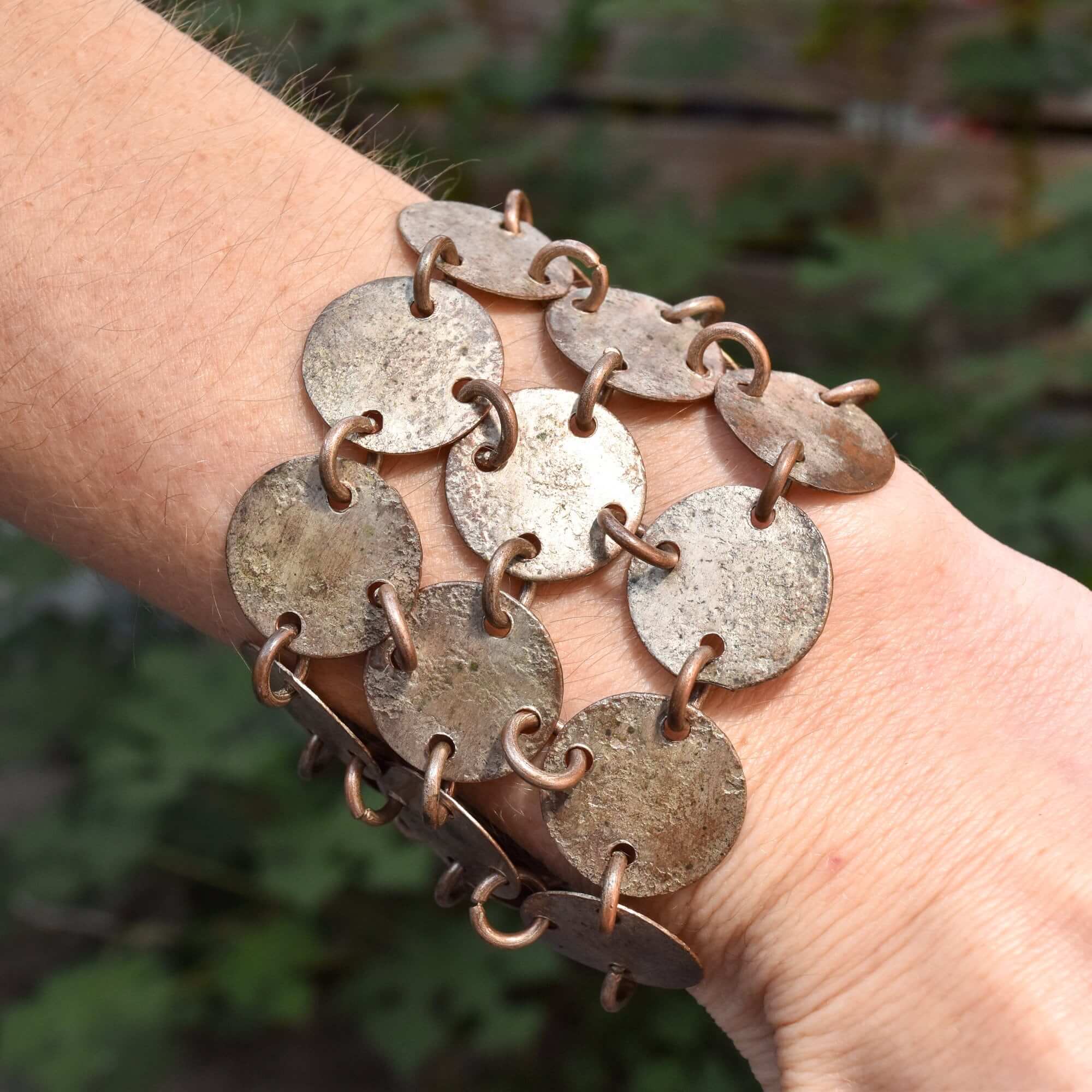 Handmade Mixed Metal Hammered Disc Bracelet, Wide 3-Row Chainmail Cuff, Bohemian Jewelry, 7" L