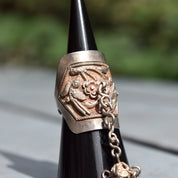 Antique Chinese Sterling Silver Repousse Opera Ring With Long Dangle Charm, Chased Floral & Bird Motif, Adjustable