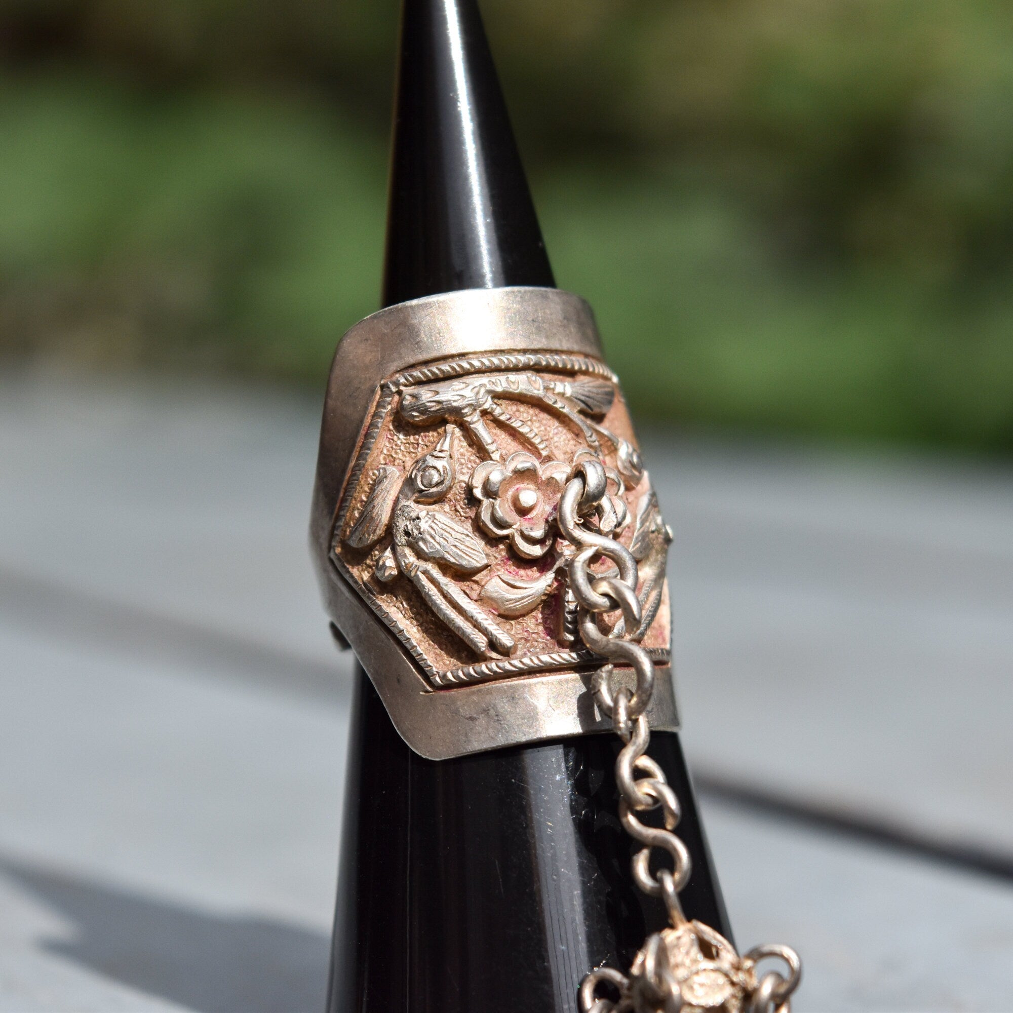 Antique Chinese Sterling Silver Repousse Opera Ring With Long Dangle Charm, Chased Floral & Bird Motif, Adjustable