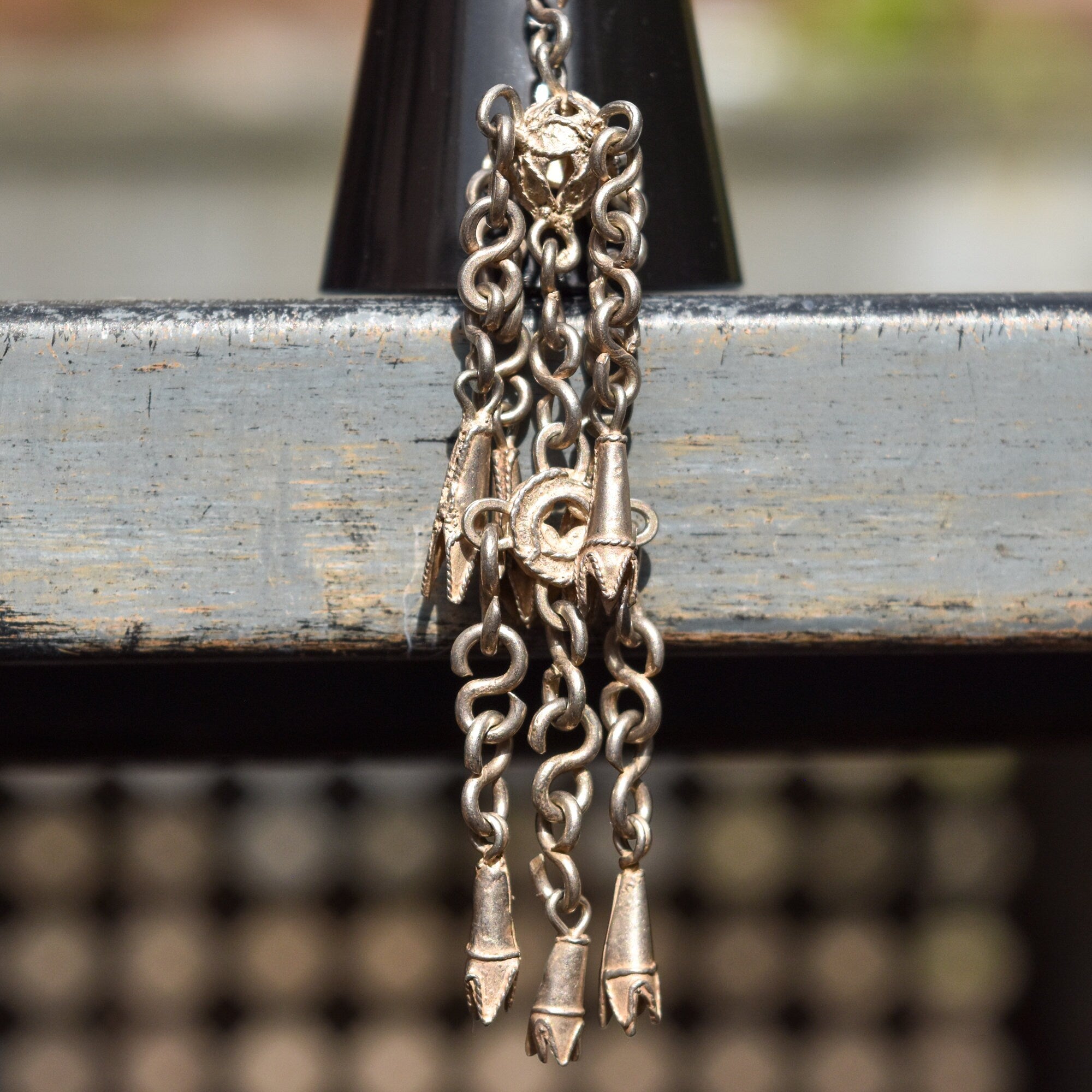 Antique Chinese Sterling Silver Repousse Opera Ring With Long Dangle Charm, Chased Floral & Bird Motif, Adjustable