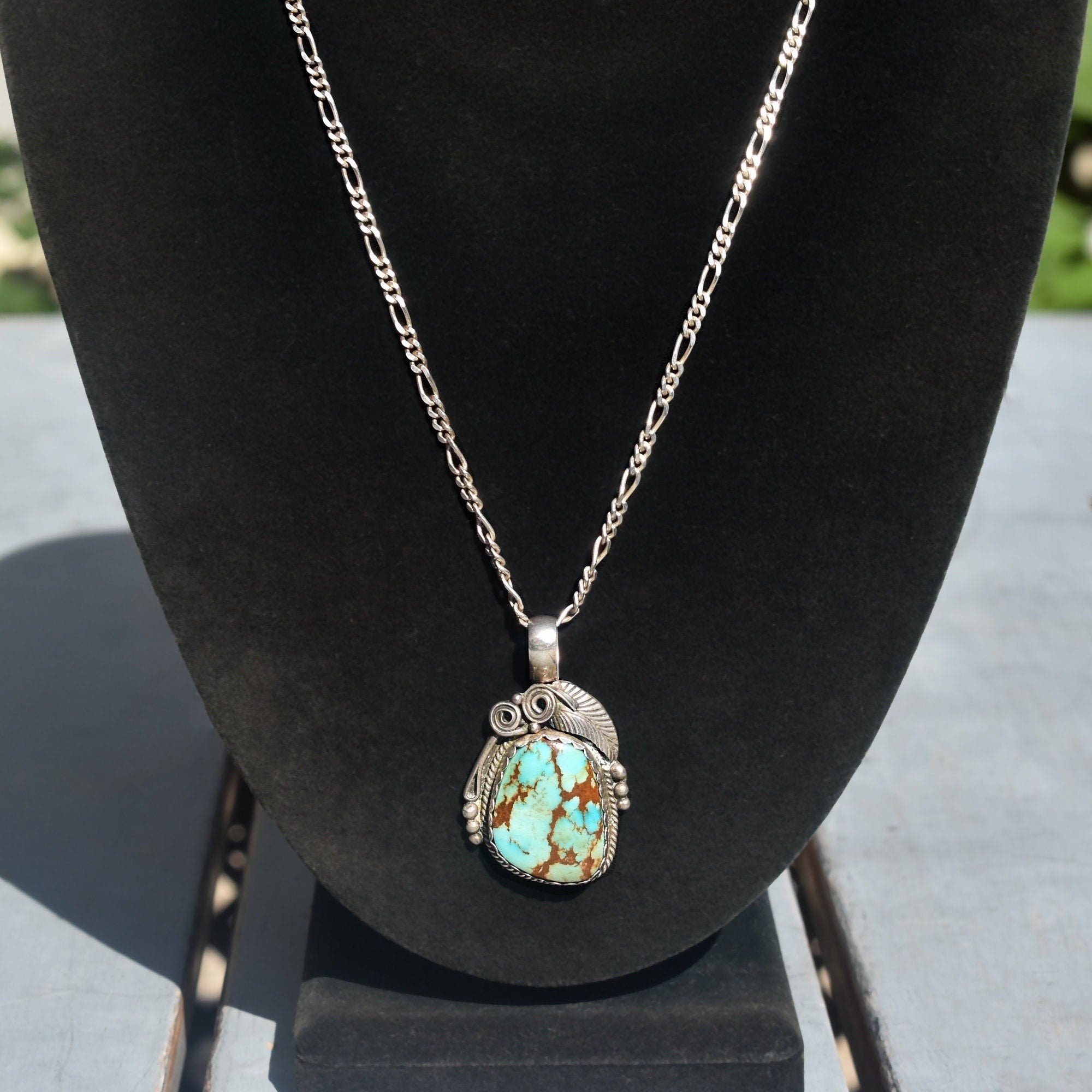 Signed Native American Turquoise Pendant In Sterling Silver, Leaf Swirl Motifs, Navajo Jewelry, 1.75" L